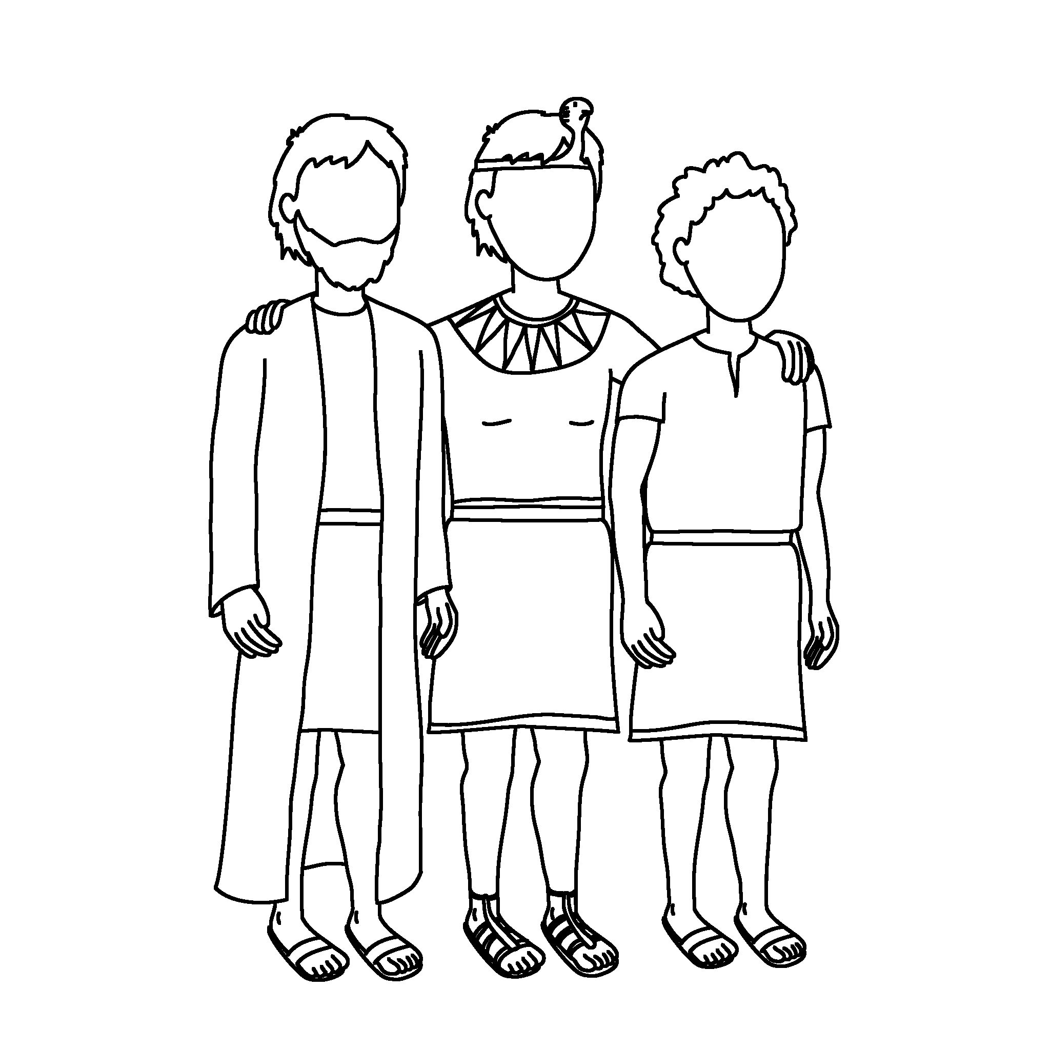Joseph, dressed as an Egyptian prince, stands with his father Jacob and brother Benjamin. Draw their faces and color their clothes.